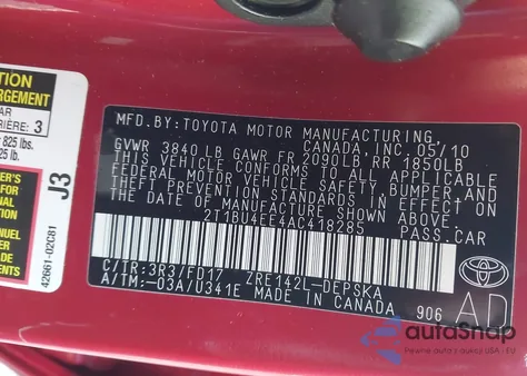 2010 Toyota Corolla S z USA, uszkodzony, nr VIN 2T1BU4EE4AC418285